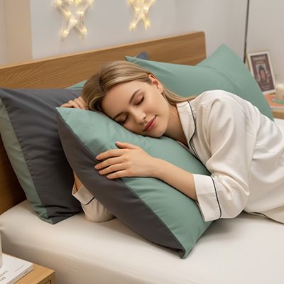 Taie d'oreiller respirante premium vert jeune femme en pyjama blanc confortablement instalée sur son oreiller
