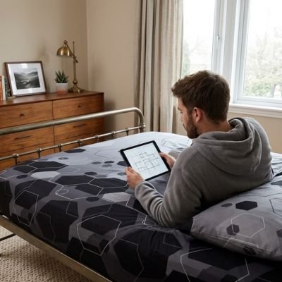 Drap housse confort élastique  gris jeune homme travail sur sa tablette bien installé sur son lit
