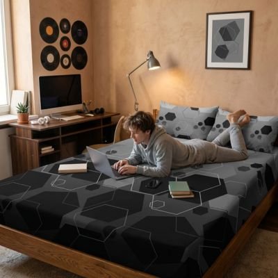 Drap housse confort élastique jeune homme travaillant  sur son laptop couché sur son lit les pieds sur son oreiller