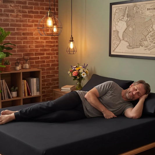 Drap housse confort optimal stretch gris foncé homme someille allongé sur son lit