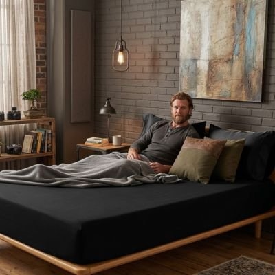 Drap housse confort optimal stretch gris foncé homme se détend sur  lit  bien enveloppé d'une couverture