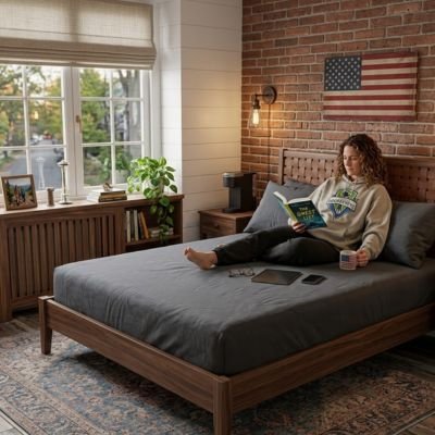 Drap housse gris anthracite jeune femme lit son livre confortablement