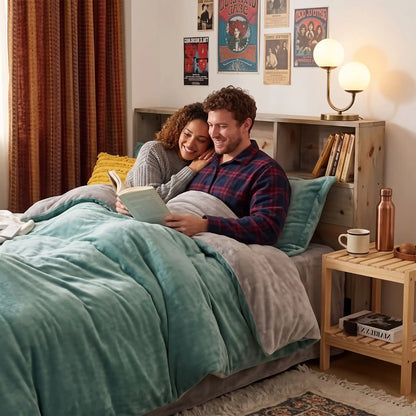 Housse de couette flanelle ultra douce vert 150x200cm avec un jeune couple au lit