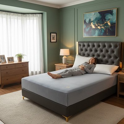 Housse de matelas femme allongée la tête sur son oreiller 