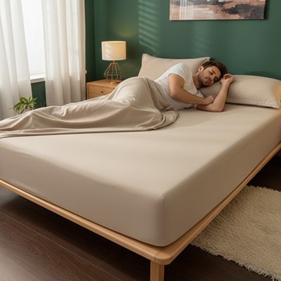 Housse de matelas imperméable et respirante beige homme bien recouver  qui dort profondément