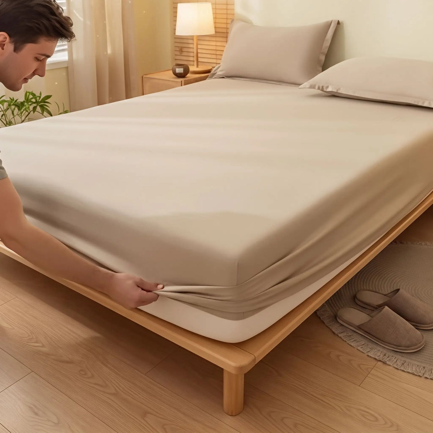 Housse de matelas imperméable et respirante beige jeune homme installe son drap housse sur son lit