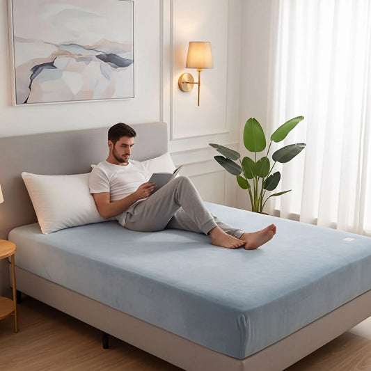 Housse de matelas imperméable respirante bleu clair 150x200cm sur un lit double 