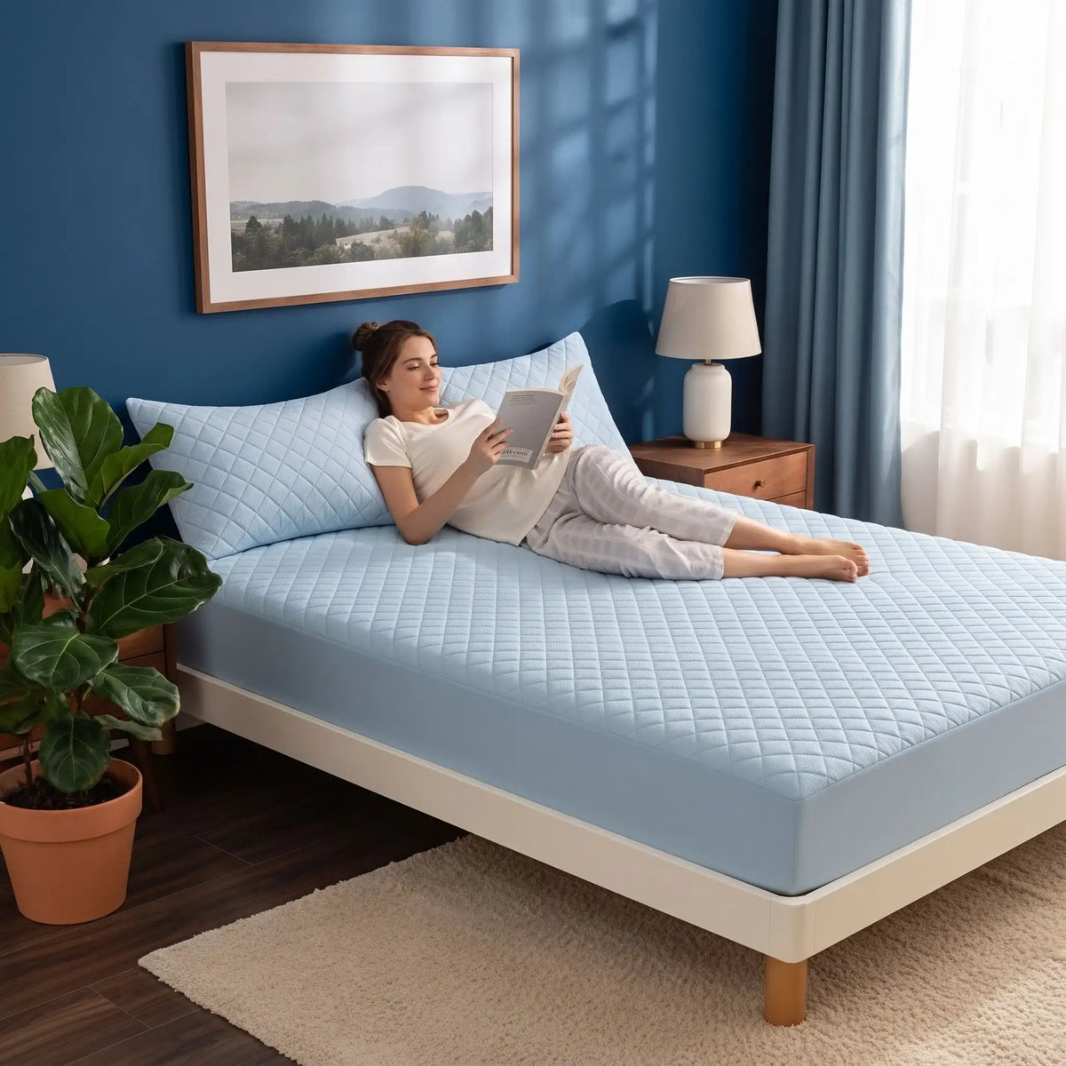 Protège matelas anti glissement bleu avec jeune femme étendue sur son lit qui fait de la lecture