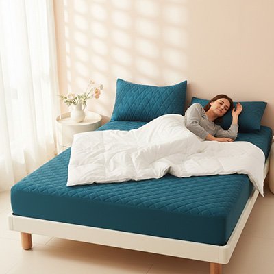 Protège matelas imperméable anti glissement vert jeune femme se repose sur son lit envellopée d'une couette blanche