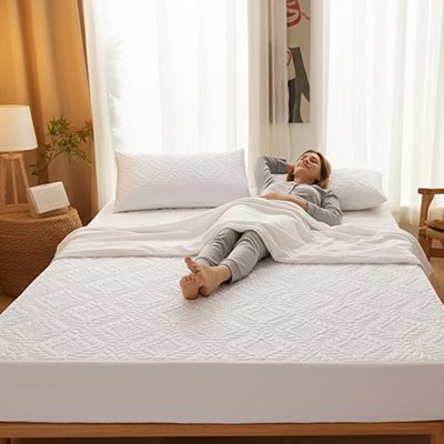 Protège matelas imperméable respirant blanc avec une jeune femme allongée sur le dos dans un beau lit entièrement blanc 
