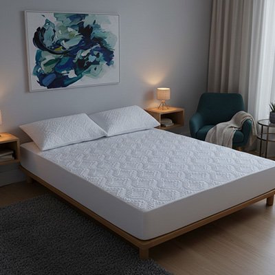 Protège matelas imperméable  respirant blanc avec des oreillers blancs assortis à côté d'un fauteuil vert et d'un cadre moderne suspendu au mur