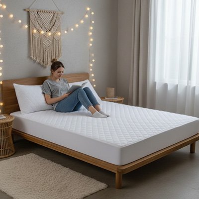 Protège matelas entouré d'une branche de lumière avec maman qui lit un livre