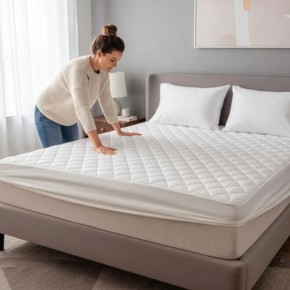 Protege matelas imperméable silencieux blanc jeune femme avec les cheveux attachés en chignon plaçant
la housse sur son lit 