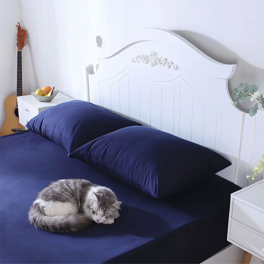 Taie d'oreiller premium confort bleu avec un chat gris et blanc sur le lit