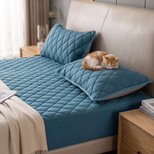 Taie d'oreiller premium coton doux bleu avec petit chat sur l'oreiller