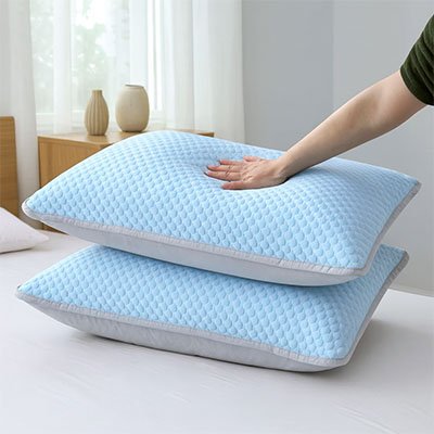 Taie d'oreiller premium texture bleu  deux oreillers l'un sur l'autre avec une main qui appuie sur celui du dessus